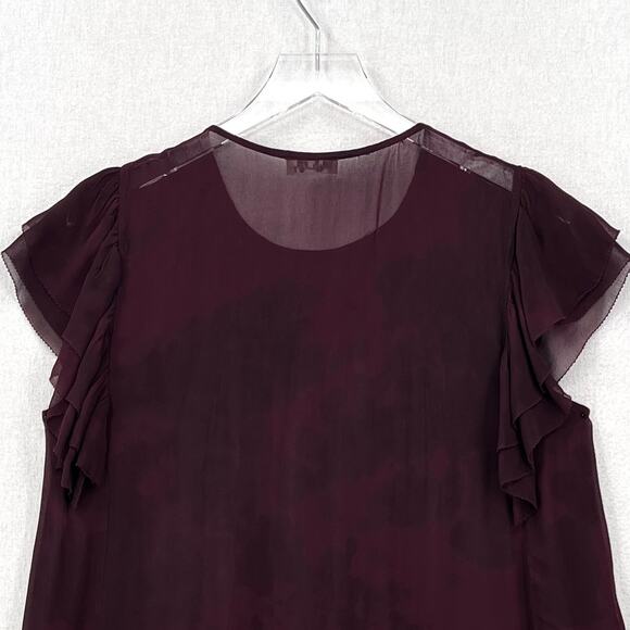LOVESHACKFANCY Silk Blouse Top Womens Medium Burgundy Ruffle Pintuck Scoop Neck - Picture 8 of 16